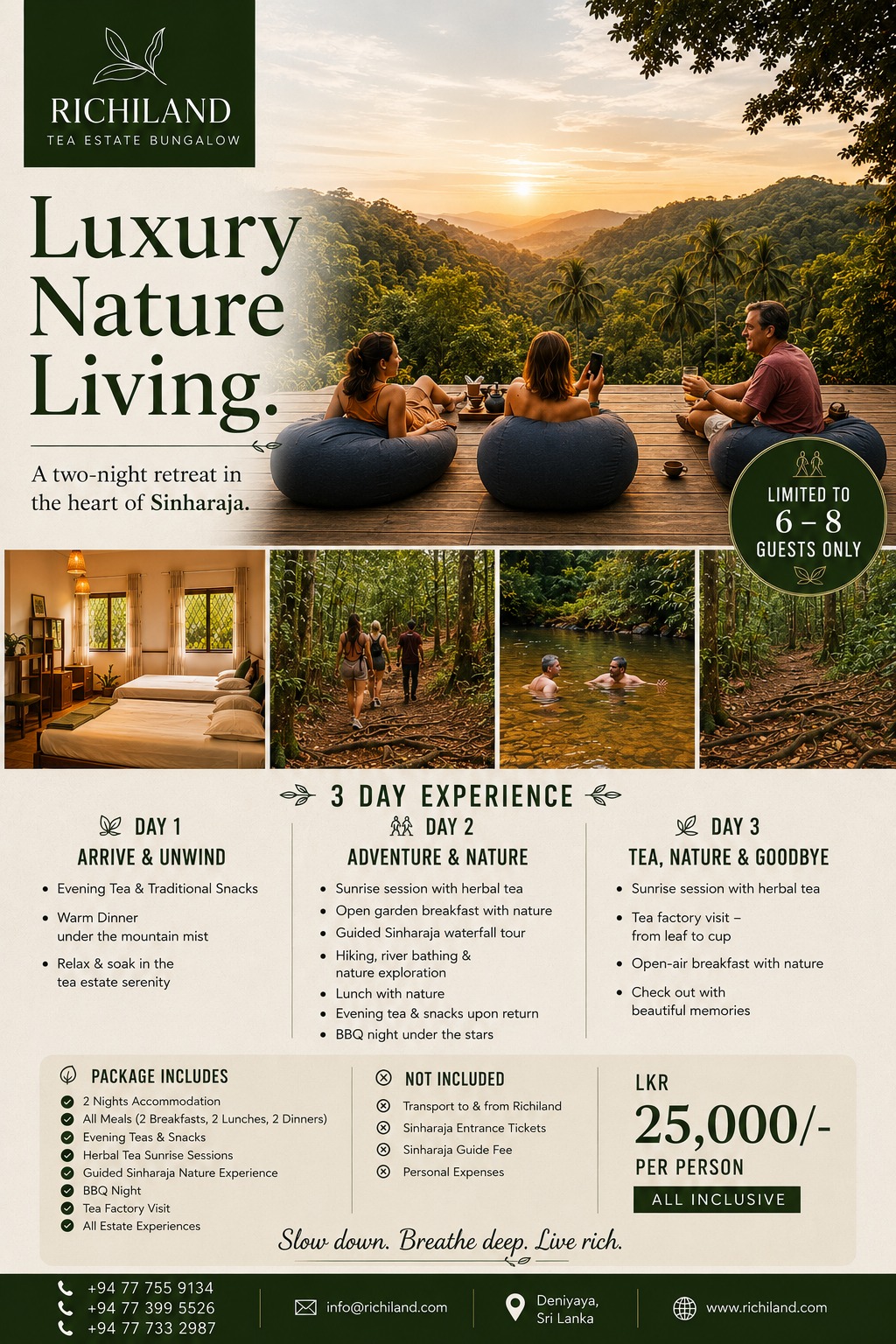 Richiland Luxury Nature Living — 3-day all-inclusive retreat in Sinharaja. LKR 25,000 per person. Limited to 6–8 guests.